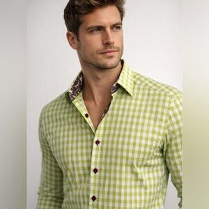 Jared Lang Green Gingham Button Down Shirt XL Men's Cotton Check Dress Shirt